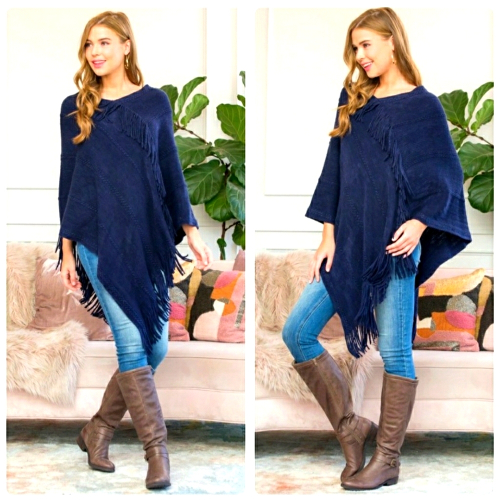 Soft Navy Blue Poncho with Tassles